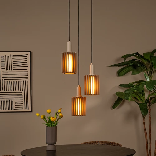 Lucide LAMBRES - Suspension - 3xE27 - Taupe - ambiance 1